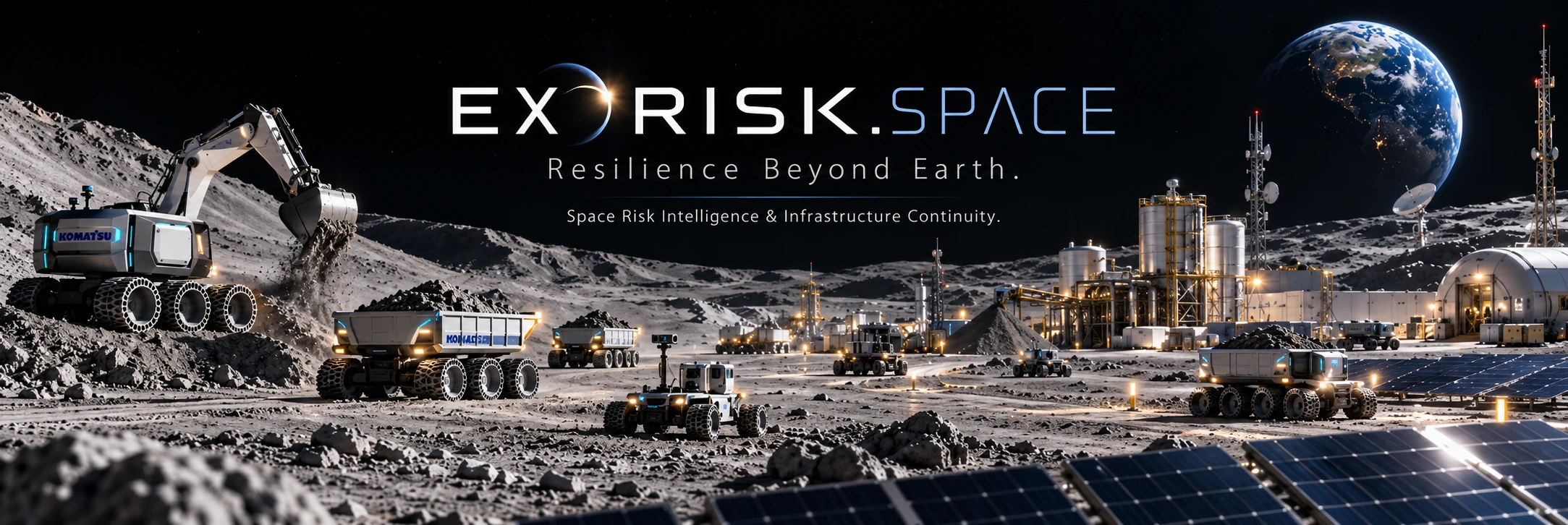Conceptual autonomous lunar industry with mesh-wheel excavation vehicles, robotic haulers, processing facilities, and surface power infrastructure